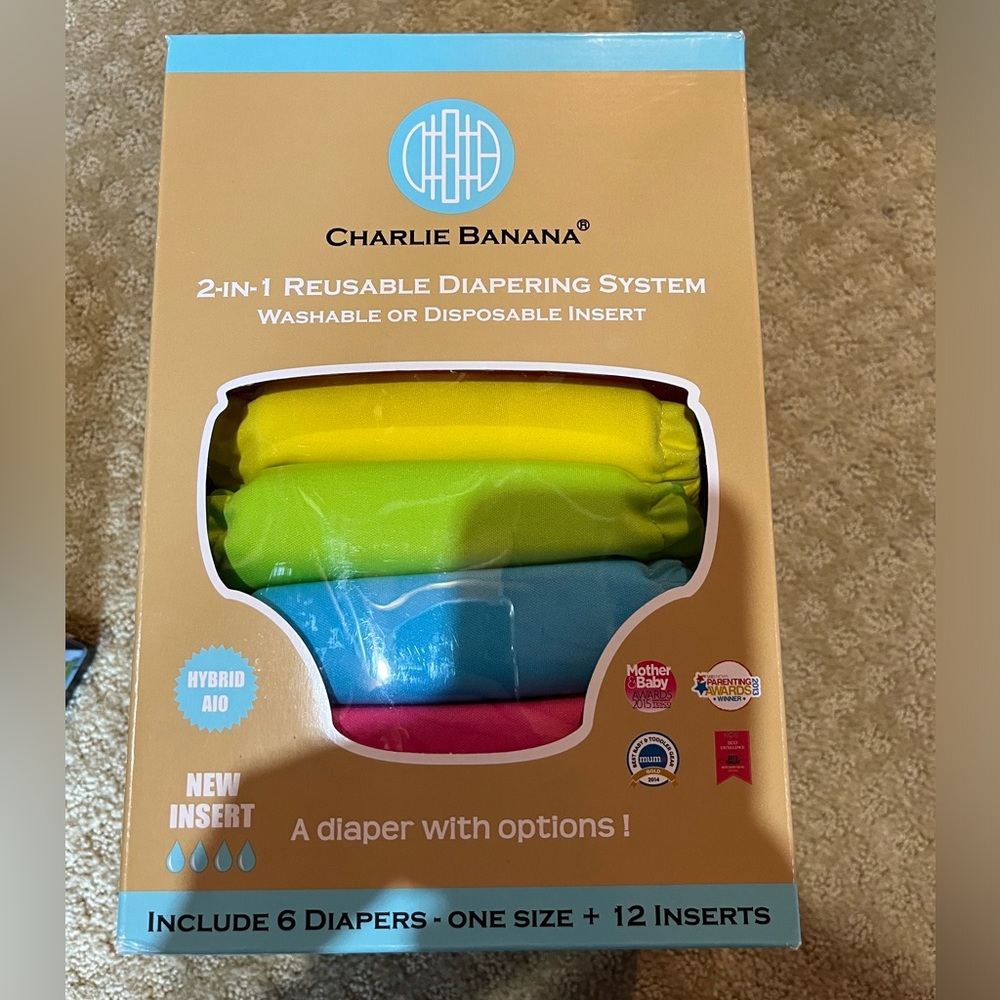 Charlie banana 6 pack tutti frutti solids, 6 one size cloth diapers, 12 inserts